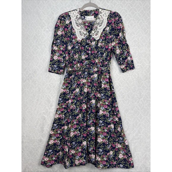 Vintage Dresses & Skirts - Vtg Floral Midi Dress M Petite Lace Collar Belt Modest Twee Grandma Cottage 80s